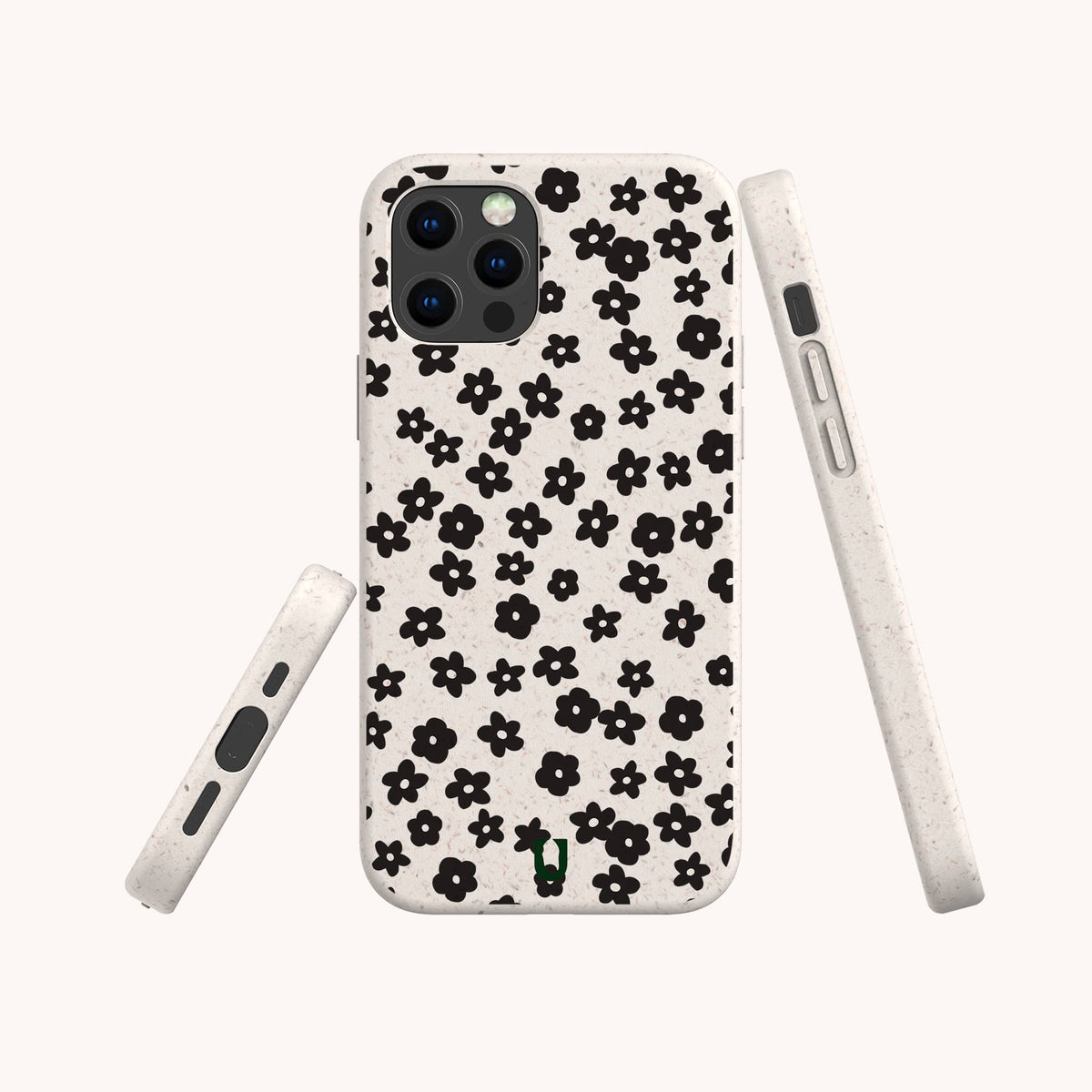 The Little Black Flowers Eco-Friendly Biodegradable Phone Case features a white background adorned with a black flower pattern, showcased from various angles. The case has a subtly textured finish and provides full coverage for your phone, combining eco-friendly protection with stylish design.