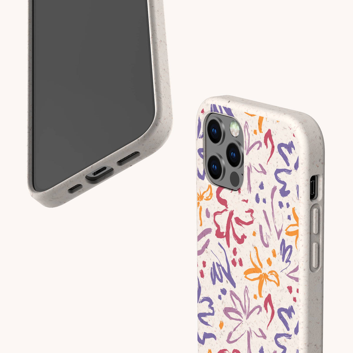 Two smartphones in beige cases are shown: one with the screen visible, and the other featuring the Flower Strokes Eco-Friendly Phone Case, which displays an abstract floral and butterfly pattern in red, purple, orange, and blue on a light background.