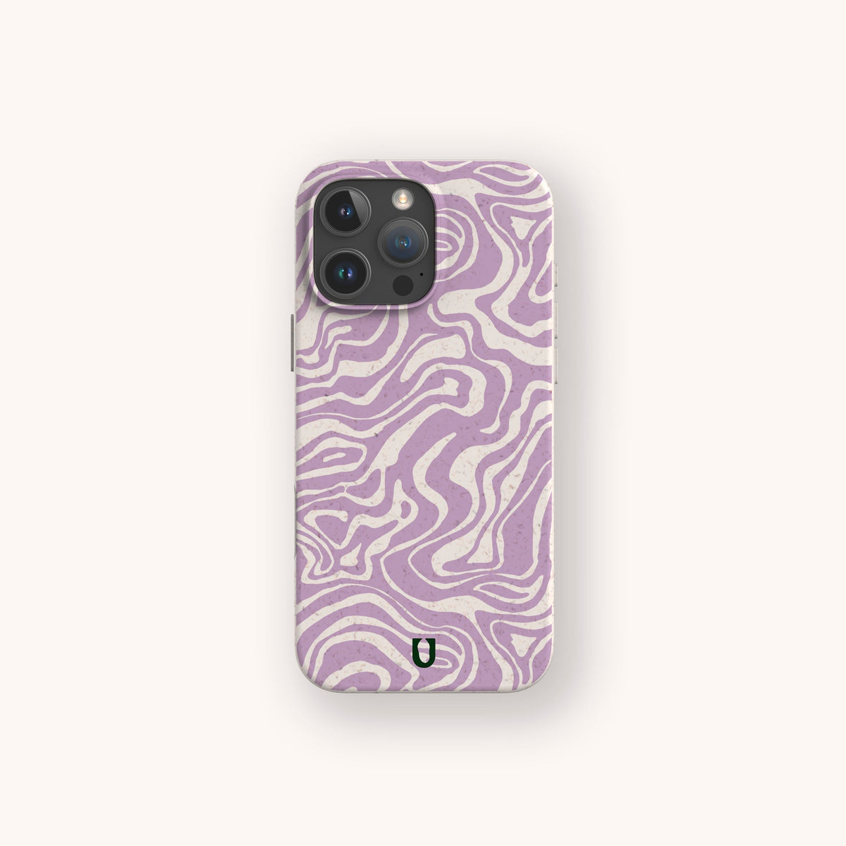 A Purple Marble Swirl Eco-Friendly Phone Case, featuring a lavender and white wavy abstract pattern and a small black horseshoe-shaped logo at the bottom, is centered on a light background.