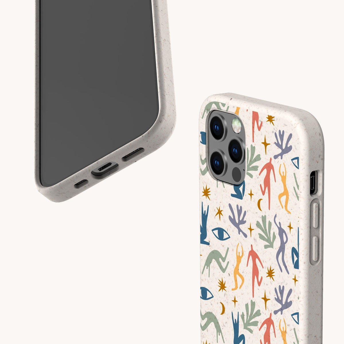 Two smartphones with light-colored cases. One showcases the Joie de Vivre Eco-Friendly Phone Case, decorated with colorful abstract shapes, eyes, hands, and figures in an artistic style, while the other case is plain and leaves the phone’s screen and charging port visible.