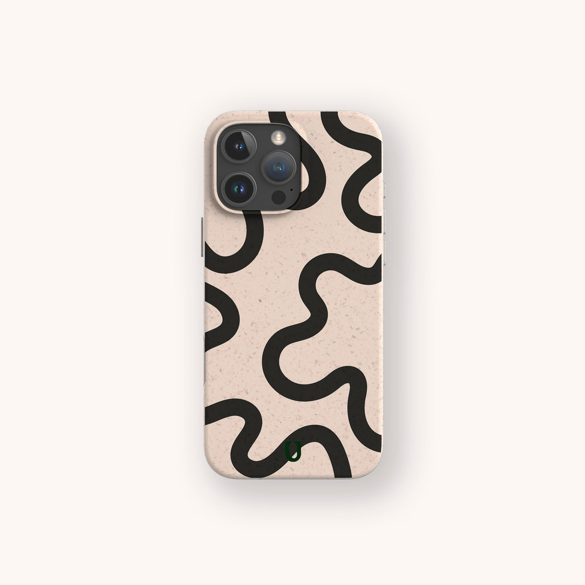 A smartphone with the Black Swirl Lines Eco-Friendly Phone Case in beige, featuring black wavy abstract lines, is centered on a plain light background.