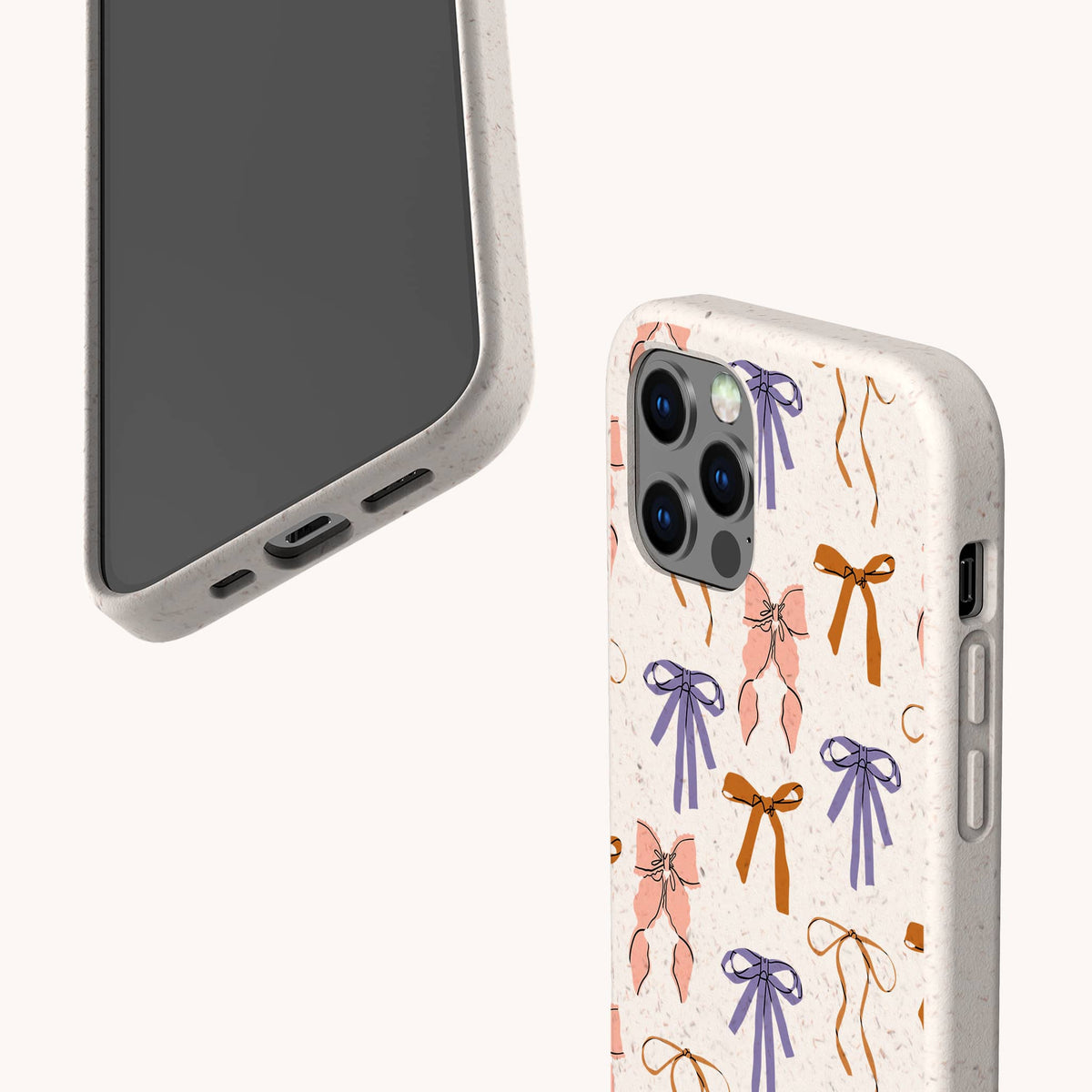 Two Bows Eco-Friendly Biodegradable Phone Cases in beige, featuring a pattern of pink, orange, and purple bows—one case displays the front of the phone, while the other shows the back design.