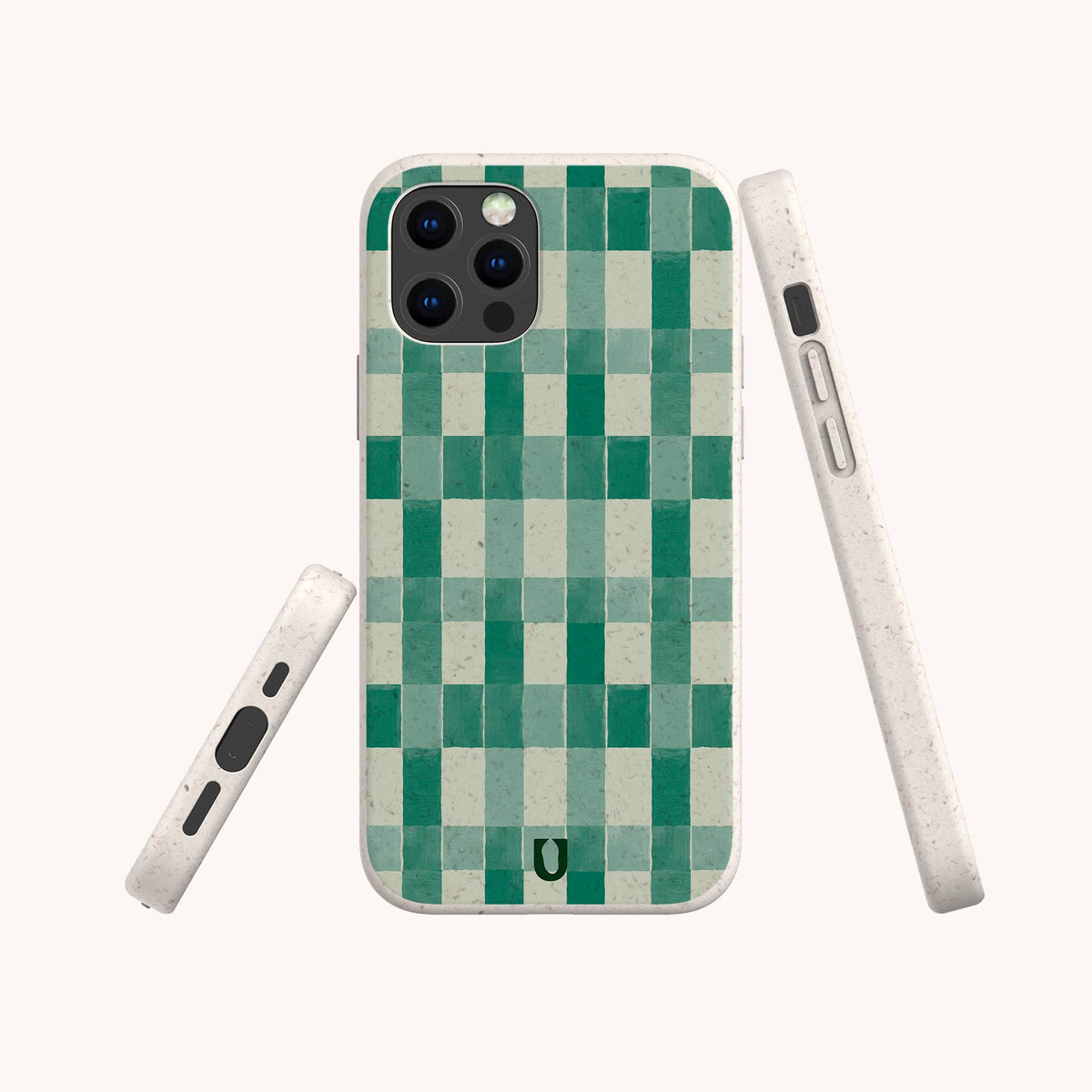 The Green Watercolour Checker Eco-Friendly Phone Case features a biodegradable design with a green and light teal checkerboard pattern, displayed from the back, side, and bottom angles on a white background. This sustainable phone case is compatible with both iPhone and Samsung Galaxy models.