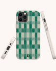 The Green Watercolour Checker Eco-Friendly Phone Case features a biodegradable design with a green and light teal checkerboard pattern, displayed from the back, side, and bottom angles on a white background. This sustainable phone case is compatible with both iPhone and Samsung Galaxy models.