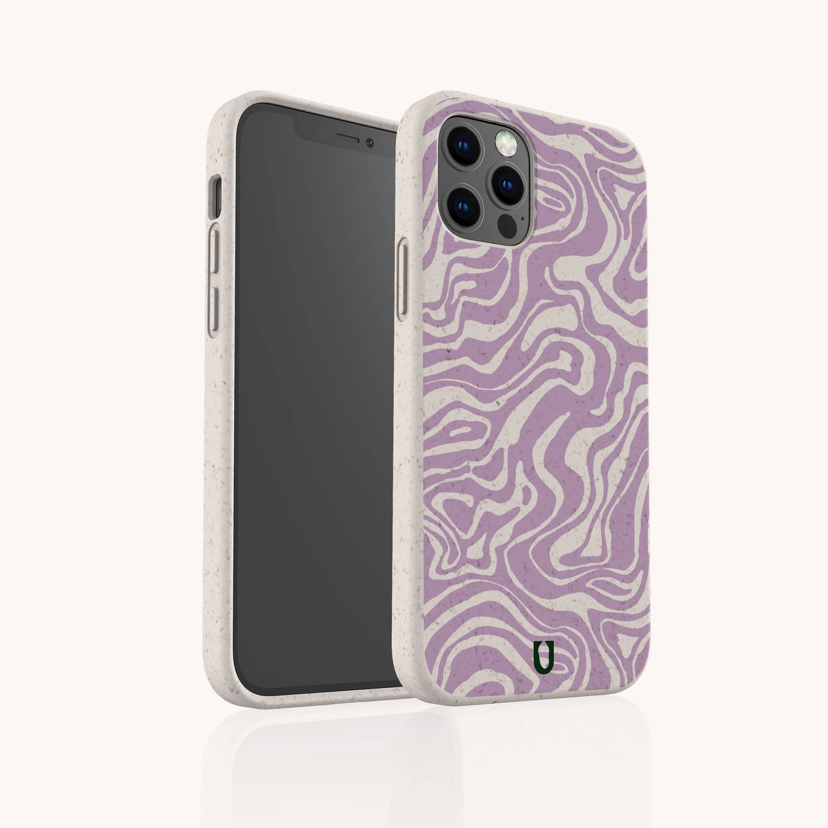 The Purple Marble Swirl Eco-Friendly Phone Case, showcasing a beige and purple wavy marble pattern with precise cutouts for the camera and buttons, stands upright on a light background.