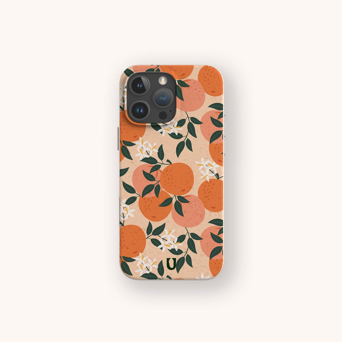 A smartphone with the Orange Blossom Eco-Friendly Phone Case, featuring an illustrated pattern of oranges, green leaves, and white orange blossoms on a beige background.