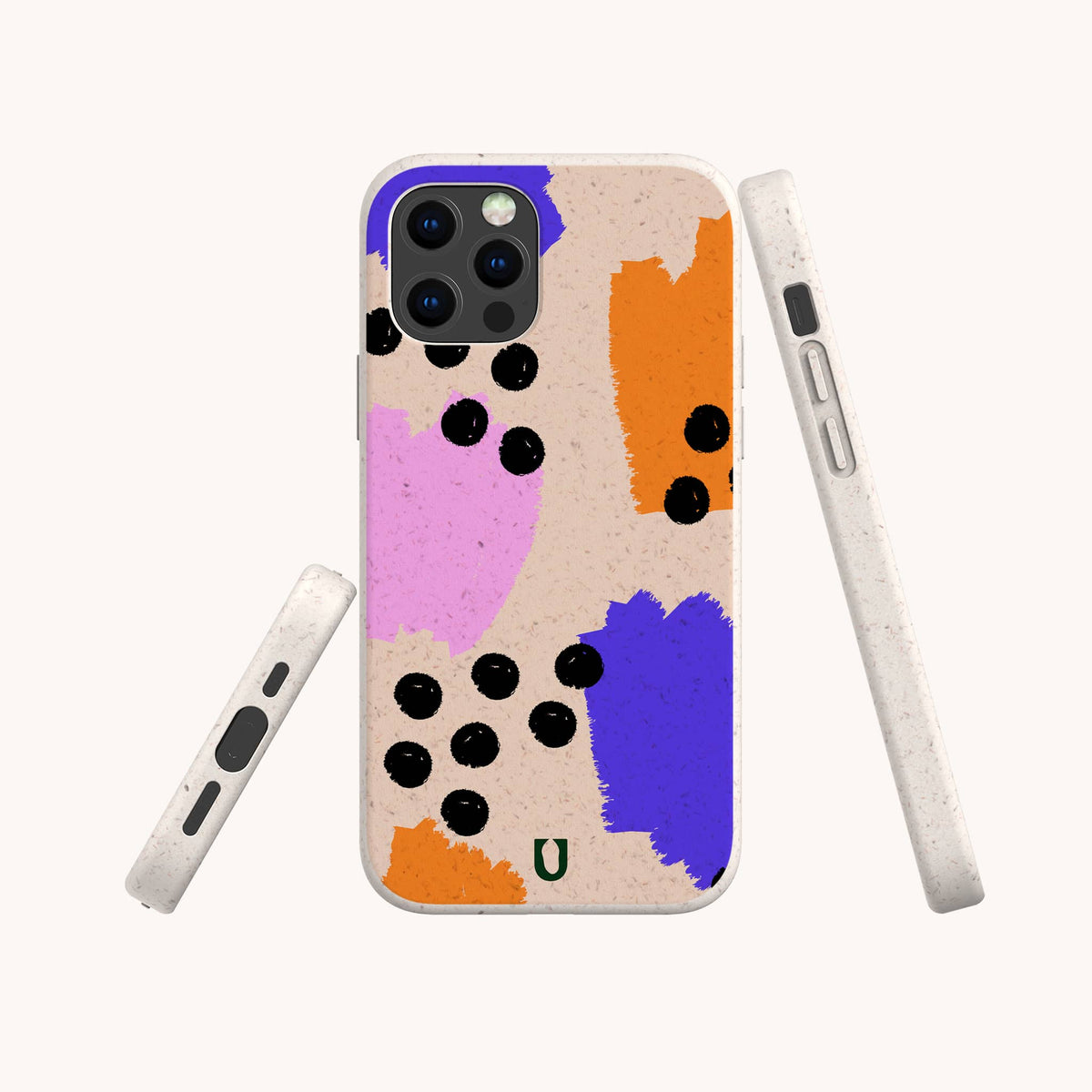 Three views of the Memphis Eco-Friendly Biodegradable Phone Case featuring abstract patterns in orange, purple, and pink, accented with black dots on a speckled beige background. This phone case combines stylish Memphis design with sustainable, biodegradable materials.