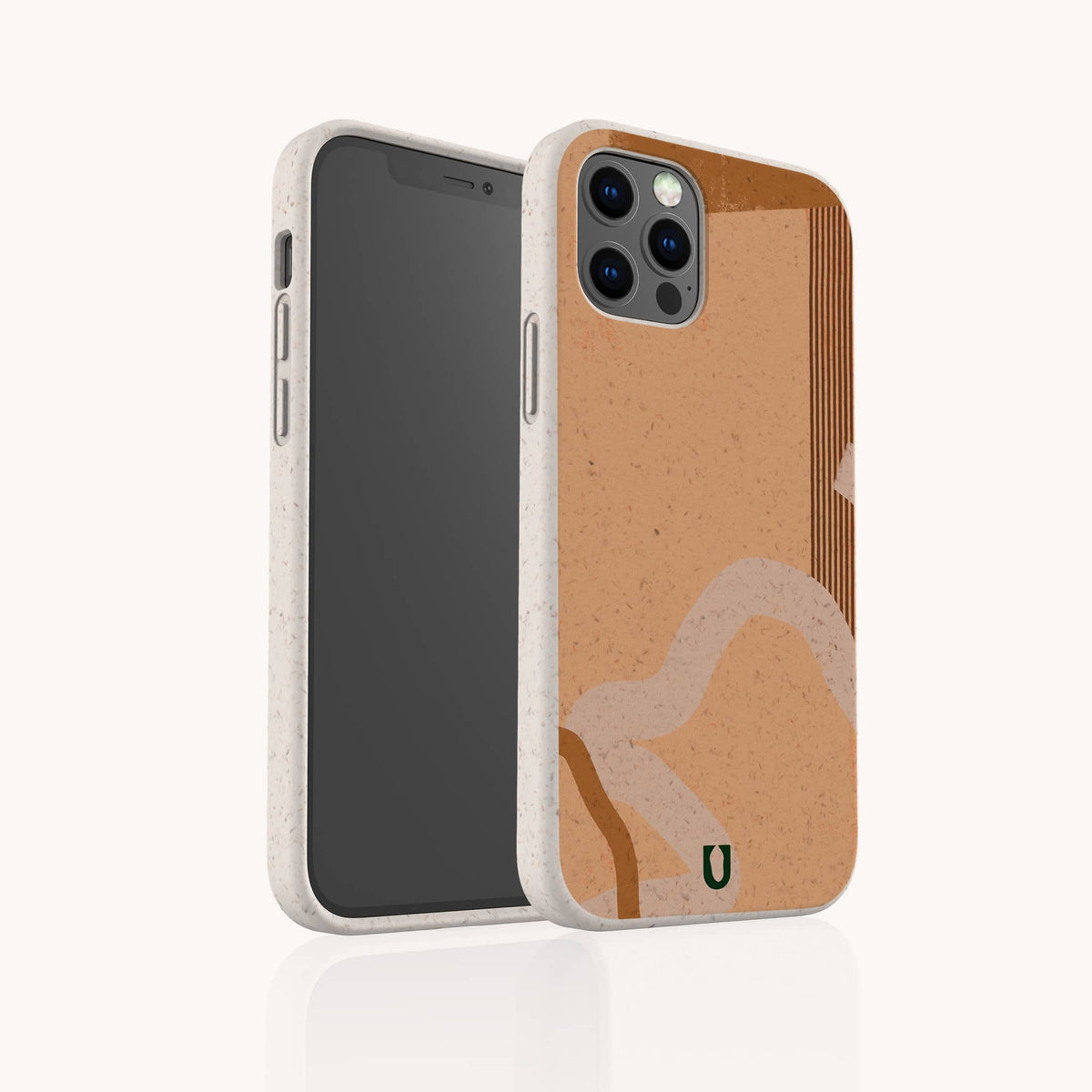 Two smartphones in beige cases, one facing forward to showcase the screen and the other backward displaying the Terracotta Abstract Strokes Eco-Friendly Biodegradable Phone Case—a tan and white abstract wavy design with a small green logo at the bottom. These cases offer stylish protection while supporting sustainability.