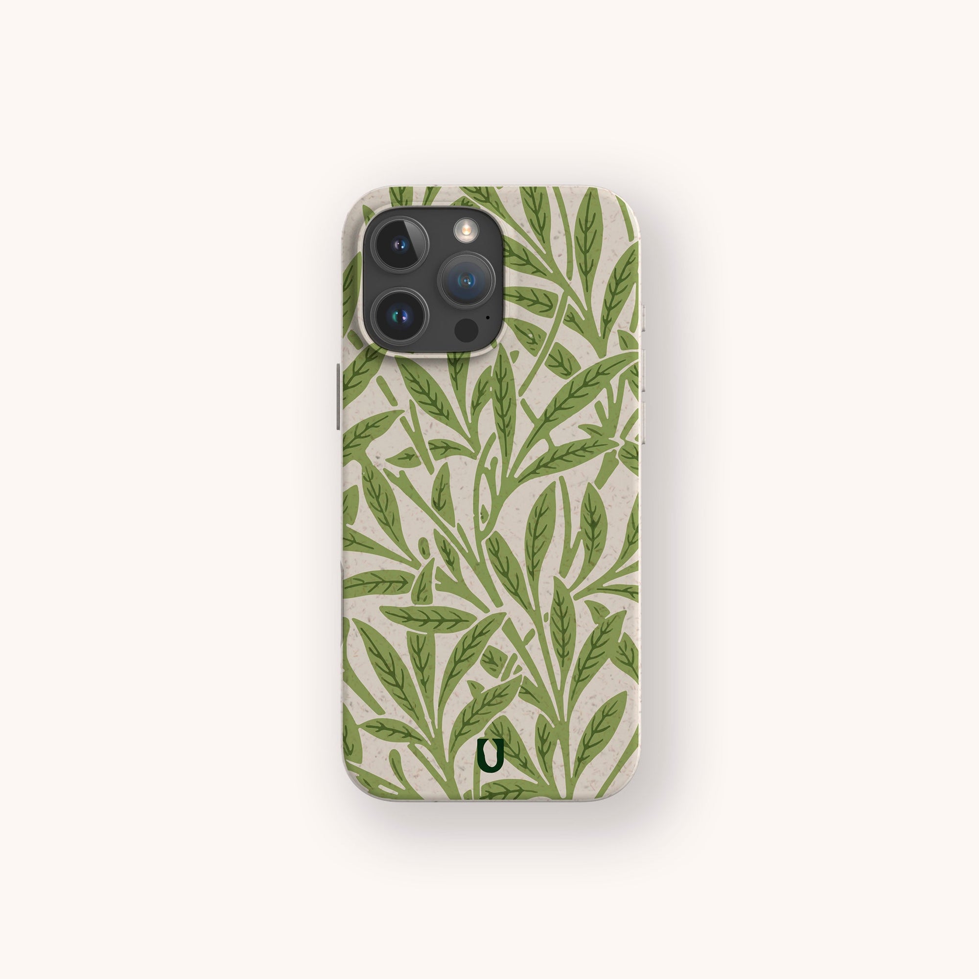 The Willow Eco-Friendly Phone Case features a green leafy botanical pattern on a beige background and fits iPhone and Samsung Galaxy models, shown against a plain light backdrop.