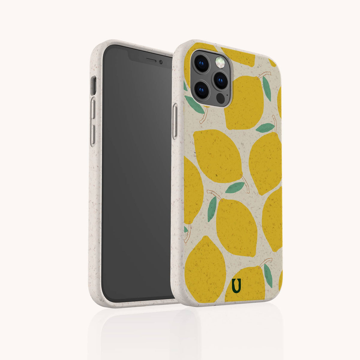 Lemons Eco-Friendly Phone Case with a cheerful, compostable design features vibrant green leaves and lemon patterns on a light background, displayed from both front and back angles to showcase its sustainable style.