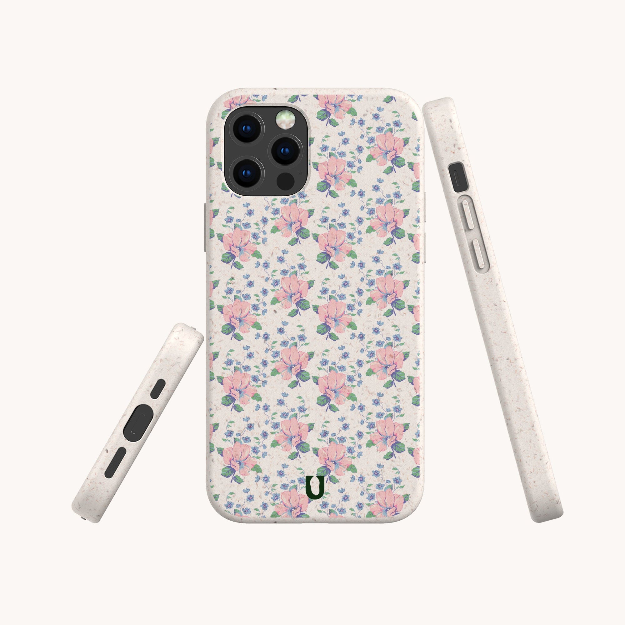 The Pink Coquette Flowers Eco-Friendly Biodegradable Phone Case, featuring a pastel pink and purple floral design, is shown from the back, side, and bottom on a white background, providing stylish sustainable protection for your device.