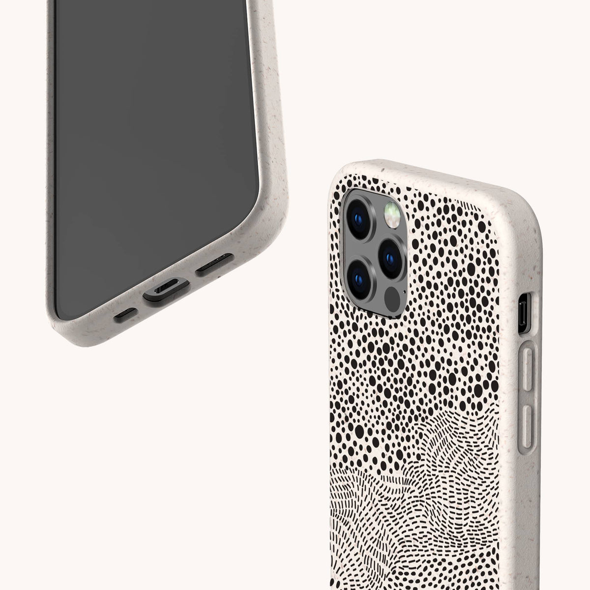 Two views of a smartphone with the Mini Strokes Eco-Friendly Biodegradable Phone Case in a light color. The back of this sustainable phone case displays an abstract black dot pattern, while the front reveals the phone’s screen and ports.