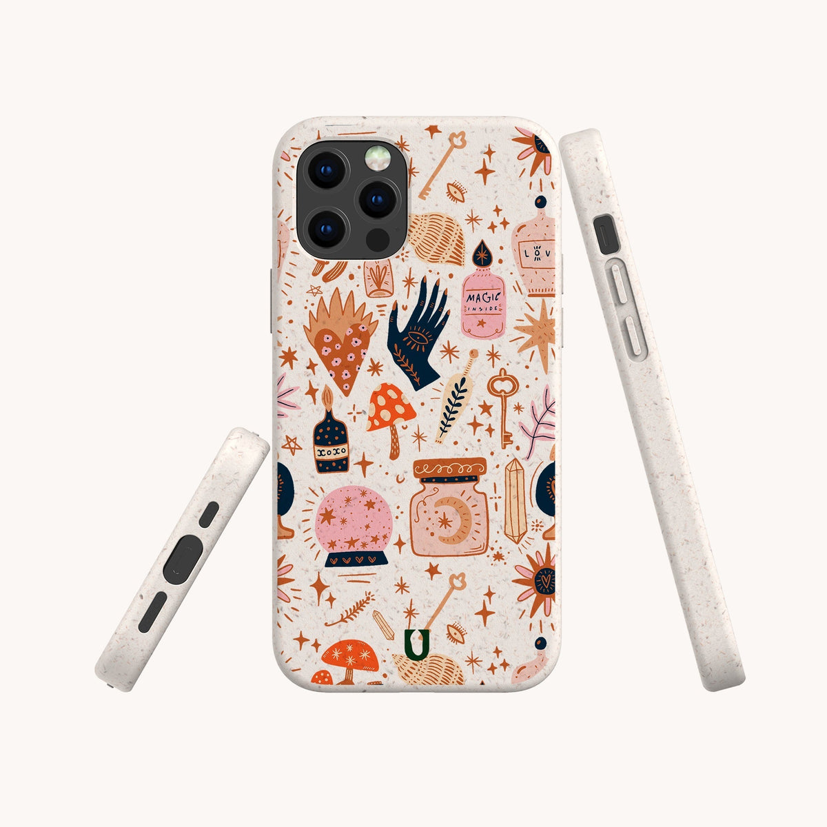 Introducing the Love Spell Eco-Friendly Phone Case—a biodegradable phone case designed for zero-waste living and magical style. Whimsical patterns of mushrooms, potion bottles, candles, stars, hands, and mystical symbols in orange, pink, and navy adorn its cream background. Four product views highlight the sides and back design for a complete look at this enchanting accessory.