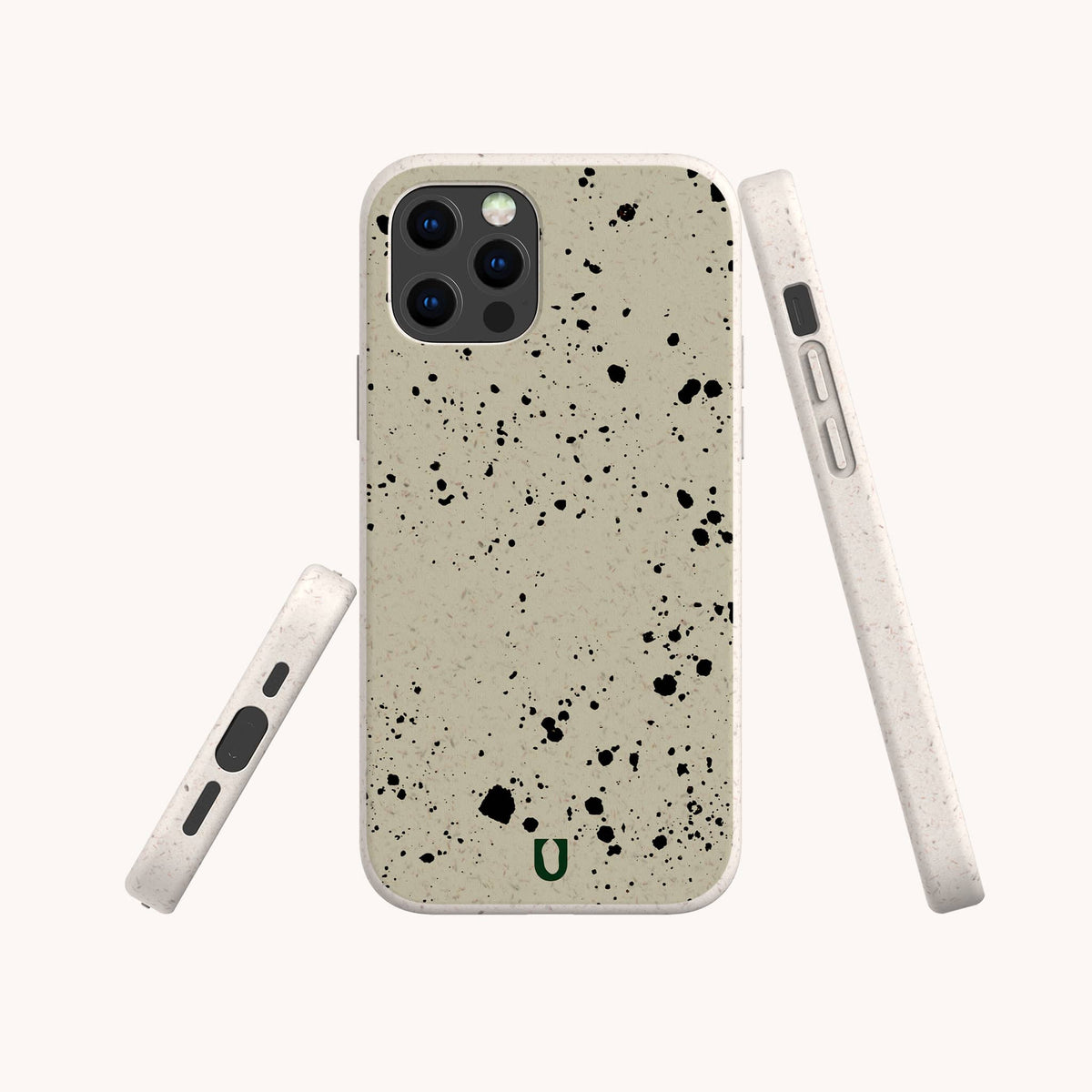 Three views of the Grunge Eco-Friendly Phone Case in beige, featuring a black paint splatter design, displayed from the back, side, and bottom angles against a plain background.