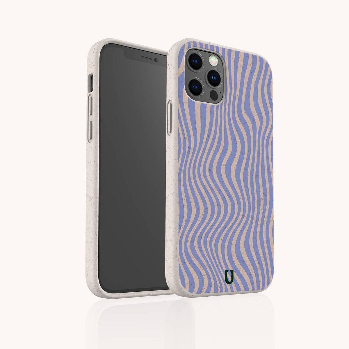 A smartphone with a Blue Distort Lines Eco-Friendly Phone Case stands upright on a light background. The beige and purple wavy striped case, compatible with both iPhone and Samsung models, features a small green logo near the bottom.