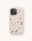 Introducing the Summer Jam Eco-Friendly Phone Case: a beige phone case adorned with brown beach-themed illustrations—seashells, palm leaves, flip-flops, waves, flowers, cocktails—and finished with a small green logo at the bottom.