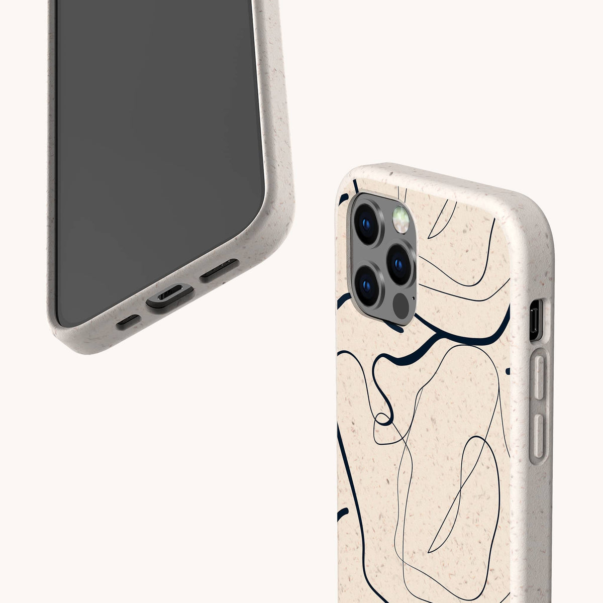 Two smartphones with beige Abstract Swirling Lines Eco-Friendly Phone Cases; one case showcases a minimalist abstract black line design with subtle swirling accents. Both cases feature precise cutouts for the camera, ports, and buttons, are compatible with iPhone and Samsung Galaxy models, and are made from eco-friendly materials. The background is off-white.