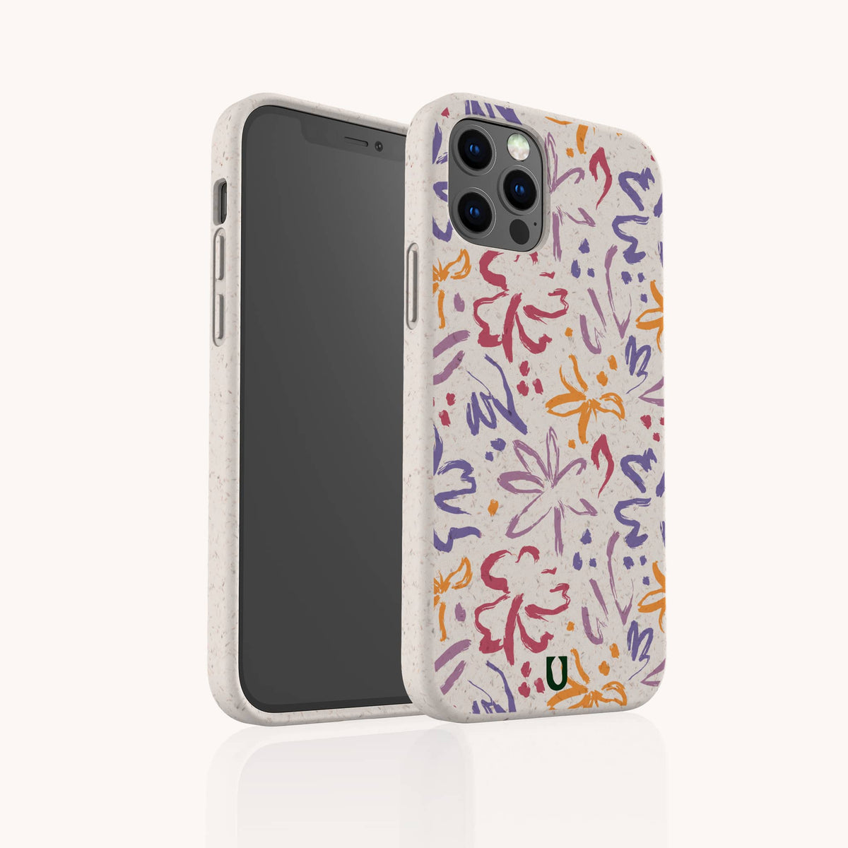 The Flower Strokes Eco-Friendly Phone Case features a speckled beige design with a vibrant, abstract floral pattern in orange, purple, and pink accents. This eco-friendly case protects the back and sides of your smartphone while keeping the camera, buttons, and screen easily accessible.