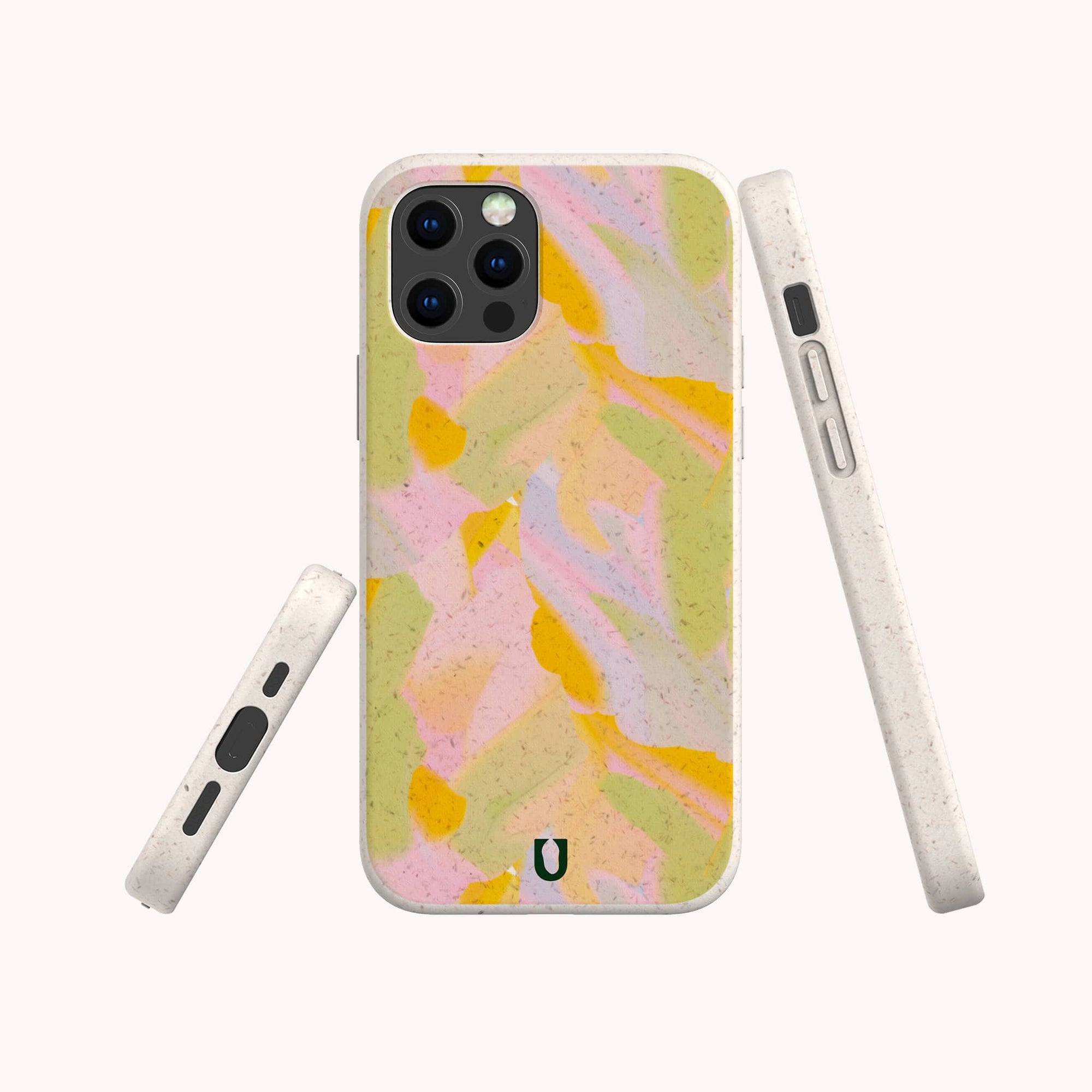Three views of the Peach Sorbet Eco-Friendly Phone Case, made from biodegradable materials with a pastel pink, yellow, and green abstract design. Shown on a smartphone (back, side, bottom); compatible with iPhone and Samsung Galaxy.