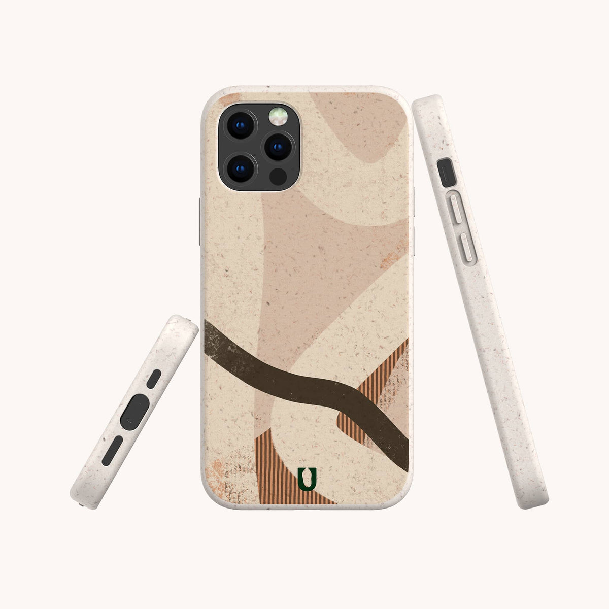 Beige Abstract Eco-Friendly Phone Case featuring brown and tan abstract shapes, displayed from three angles (front, side, and bottom) to highlight its speckled texture and a small green logo at the bottom.