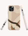 Beige Abstract Eco-Friendly Phone Case featuring brown and tan abstract shapes, displayed from three angles (front, side, and bottom) to highlight its speckled texture and a small green logo at the bottom.