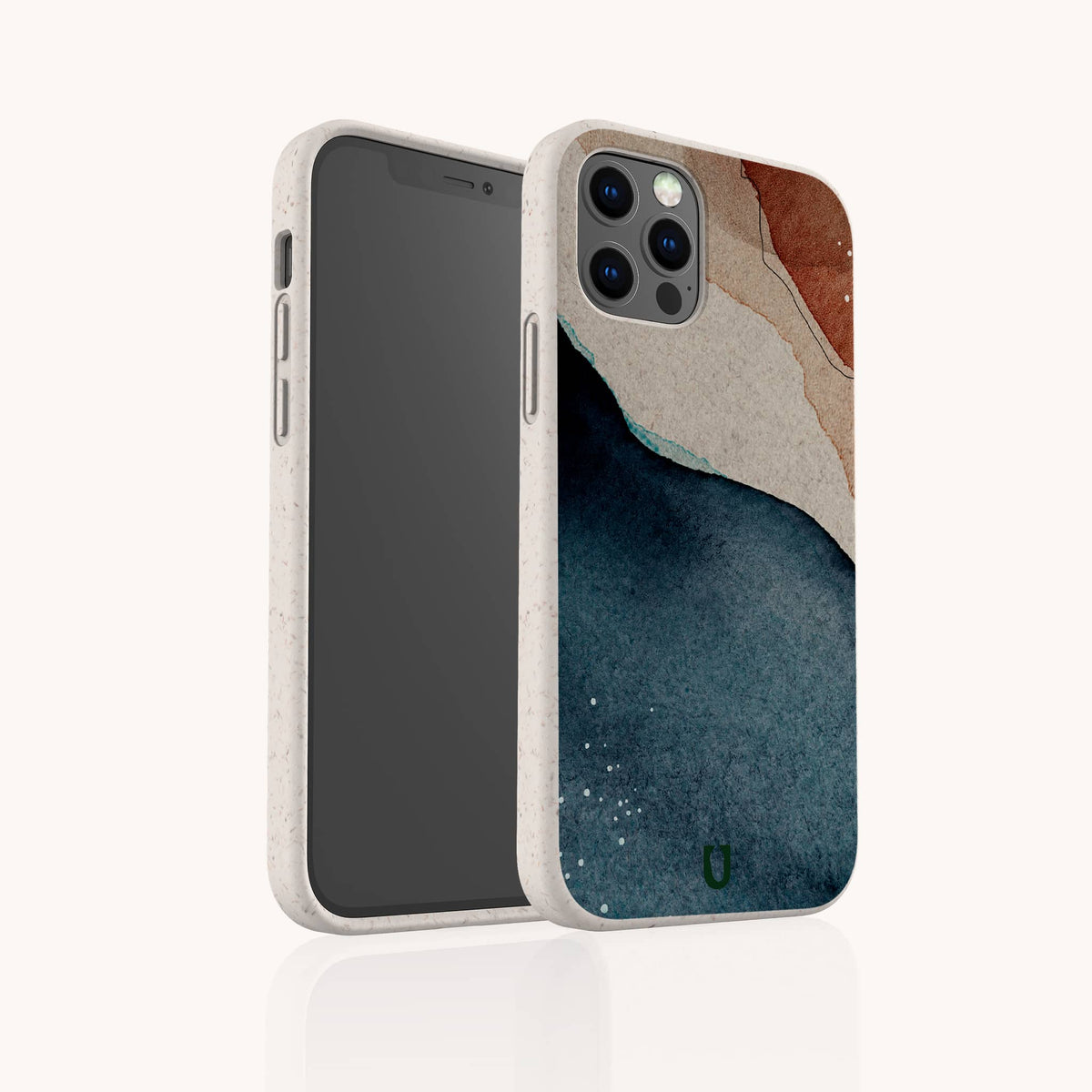 The Watercolour Landscape Eco-Friendly Phone Case, featuring an abstract design in navy blue, off-white, and brown tones on a speckled beige background, is displayed on a smartphone from both the front and rear angles against a plain backdrop.