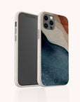 The Watercolour Landscape Eco-Friendly Phone Case, featuring an abstract design in navy blue, off-white, and brown tones on a speckled beige background, is displayed on a smartphone from both the front and rear angles against a plain backdrop.