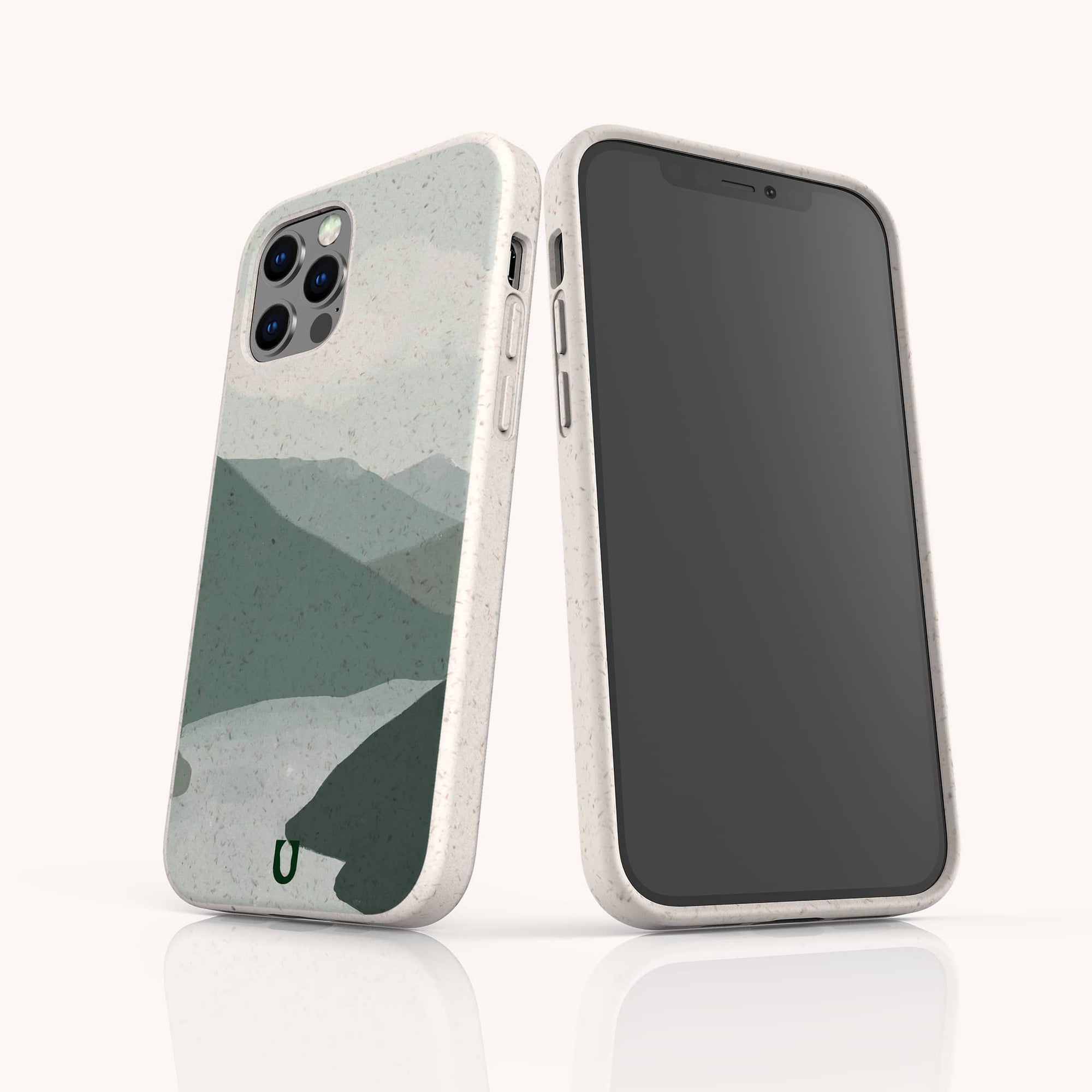 Two smartphones in off-white, eco-friendly cases named "Blue Watercolour Landscape Eco-Friendly Phone Case" are shown—one displays the screen and the other shows the back, both featuring a minimalist blue watercolour landscape design.