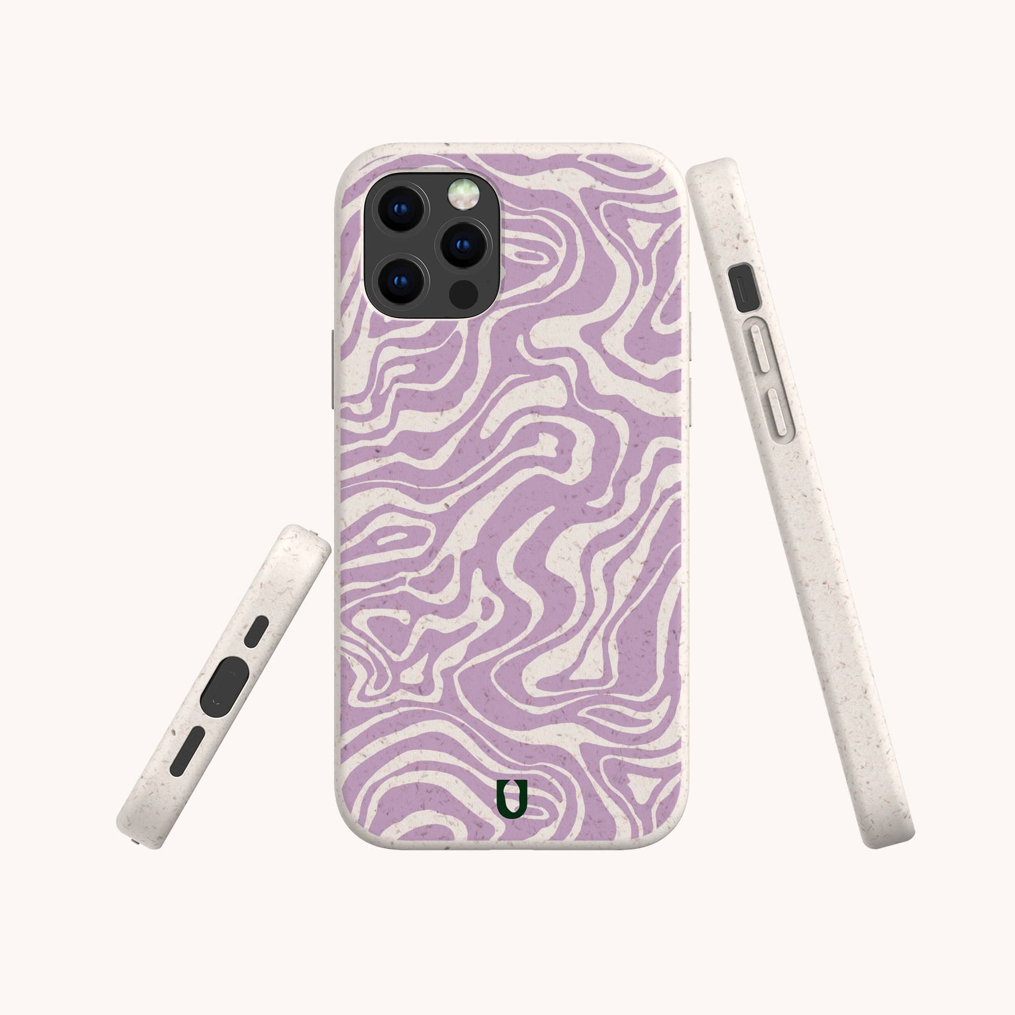 The Purple Marble Swirl Eco-Friendly Phone Case is shown from the back, side, and bottom angles. It features a light purple and white abstract wavy pattern with a minimalist design and a small logo near the bottom.