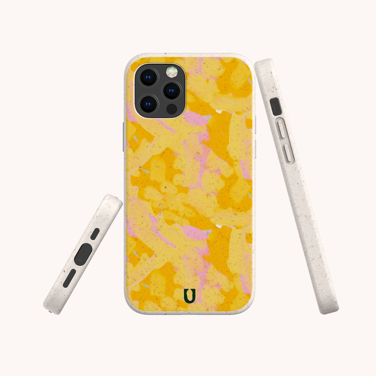 Four views of a smartphone with the Papaya Eco-Friendly Biodegradable Phone Case, featuring a yellow and pink abstract pattern and a white frame, displayed on a light background. This eco-friendly case includes a small horseshoe logo at the bottom.