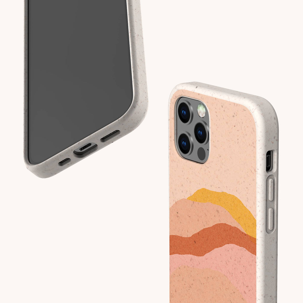 Two Hills Eco-Friendly Phone Cases in beige are shown: one displays the phone screen, while the other reveals the back cover featuring abstract wavy patterns in peach, orange, and yellow tones. Each case has a speckled, eco-conscious texture that emphasizes their sustainable design.