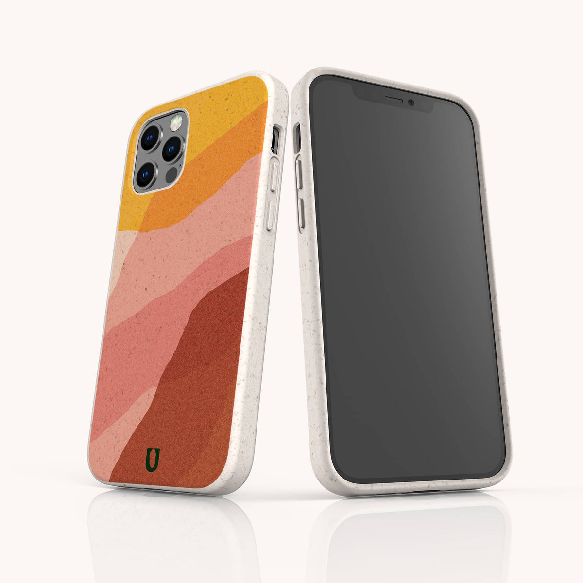 Two smartphones featuring Cliffs Eco-Friendly Phone Cases in white speckled designs: the back case showcases an abstract pattern in shades of yellow, pink, and orange, while the front displays a blank black screen. These sustainable cases are compatible with both iPhone and Samsung Galaxy models, providing a stylish and eco-conscious choice for your device.
