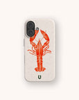 The Aragosta Eco-Friendly Biodegradable Phone Case showcases a realistic illustration of a red lobster centered on a light speckled background, with a small green U logo at the bottom.