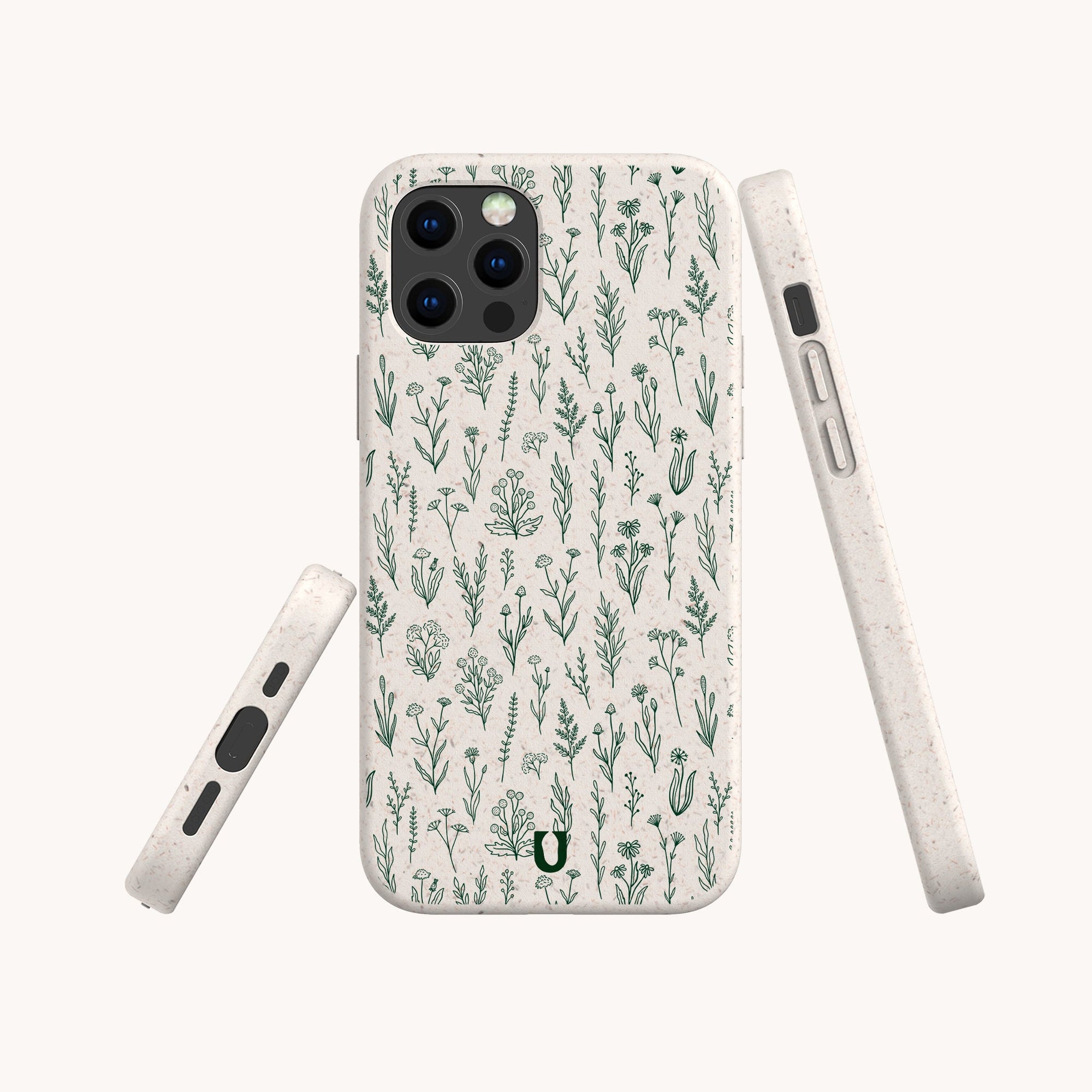 The Green Wild Flowers Eco-Friendly Phone Case features a minimalist botanical design on biodegradable materials. Displayed from the back and sides on a white background, it fits iPhone and Samsung Galaxy models.