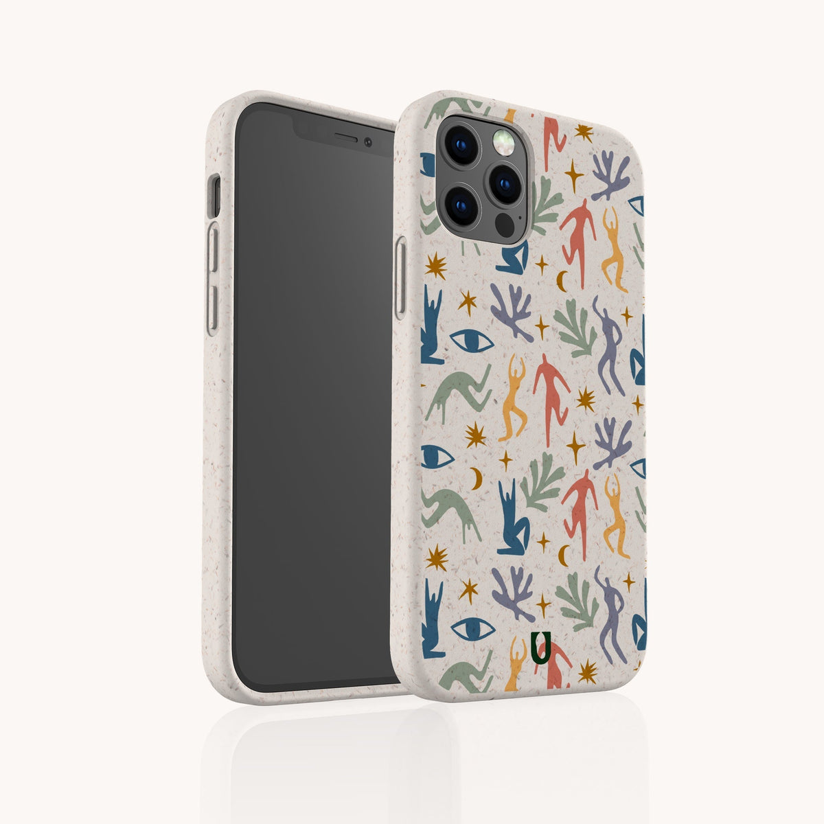 Two smartphones in vibrant Joie de Vivre Eco-Friendly Phone Cases, featuring colorful abstract figures, hands, eyes, stars, and plants on a beige background. One phone faces forward while the other displays the back design—each showcasing an artistic case that brings a unique and eco-conscious flair to your device.