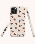 The Paper Planes Eco-Friendly Biodegradable Phone Case in beige features a brown paper airplane pattern and is displayed from the back, side, and bottom angles against a light background.