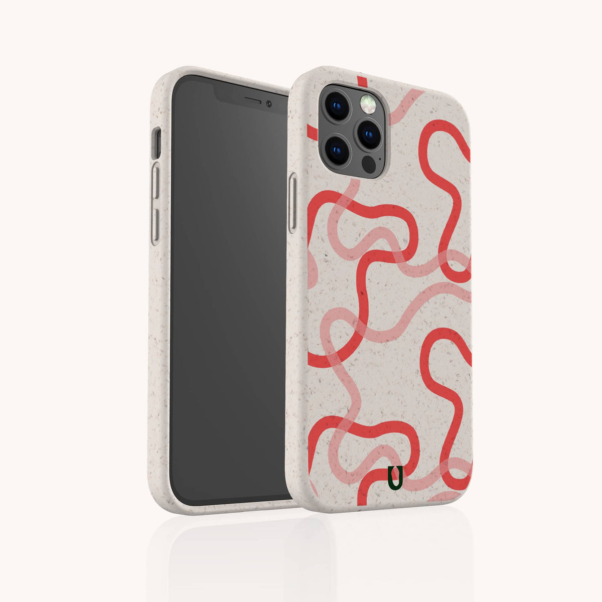 Two smartphones with the Pink and Red Swirls Eco-Friendly Biodegradable Phone Case in beige, featuring a pattern of red and pink wavy lines; one phone displays the front screen while the other showcases the patterned back. The background is plain white.
