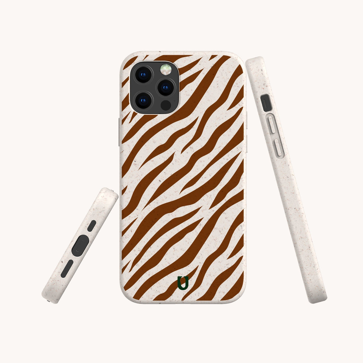 The Brown Zebra Eco-Friendly Phone Case features a striking brown and white zebra stripe pattern, displayed from multiple angles—including back, side, and edge views—against a plain white background. This sustainable accessory blends bold style with thoughtful design, making it an ideal choice for eco-conscious individuals.