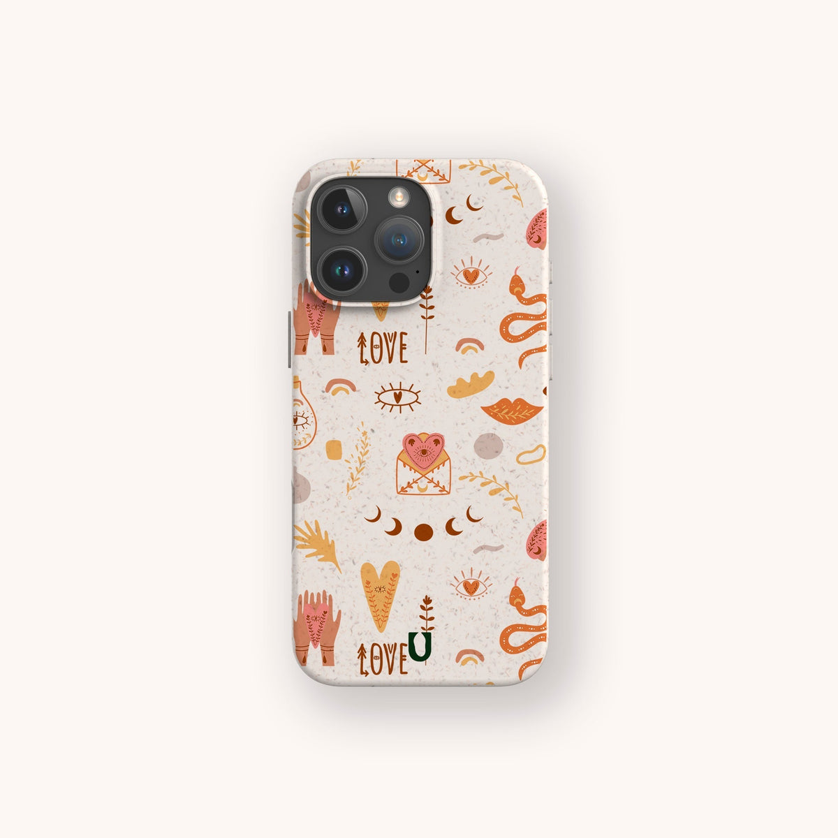 The Love Potion Eco-Friendly Phone Case showcases a whimsical design with hands, eyes, hearts, lips, moons, the word “LOVE,” and other abstract shapes in warm earth tones on a light background—making it the perfect sustainable gift.