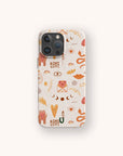 The Love Potion Eco-Friendly Phone Case showcases a whimsical design with hands, eyes, hearts, lips, moons, the word “LOVE,” and other abstract shapes in warm earth tones on a light background—making it the perfect sustainable gift.