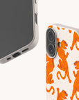 Two smartphones in beige cases; one displays the screen, while the other showcases the Tigers Eco-Friendly Biodegradable Phone Case in white with an orange tiger pattern. Both Tigers Eco-Friendly Biodegradable Phone Cases have rounded edges and visible side buttons.