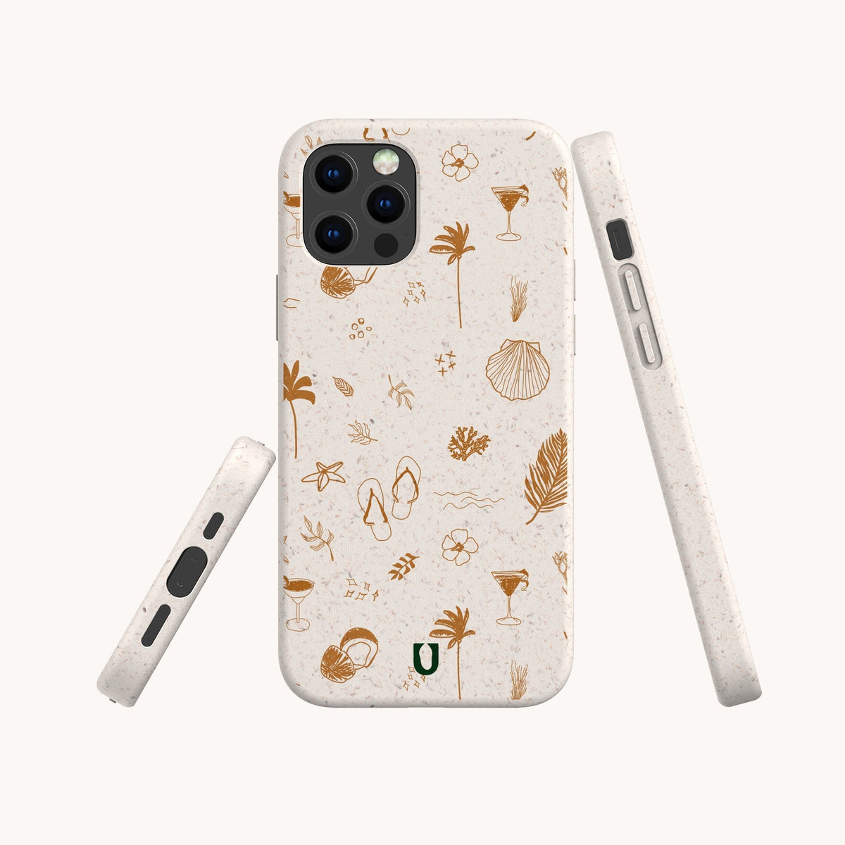 Three angles of the Summer Jam Eco-Friendly Phone Case in beige, adorned with brown tropical doodles like palm trees, shells, flip-flops, sunglasses, and cocktails. This sustainable phone case offers precise cutouts for buttons, camera, and charging port.