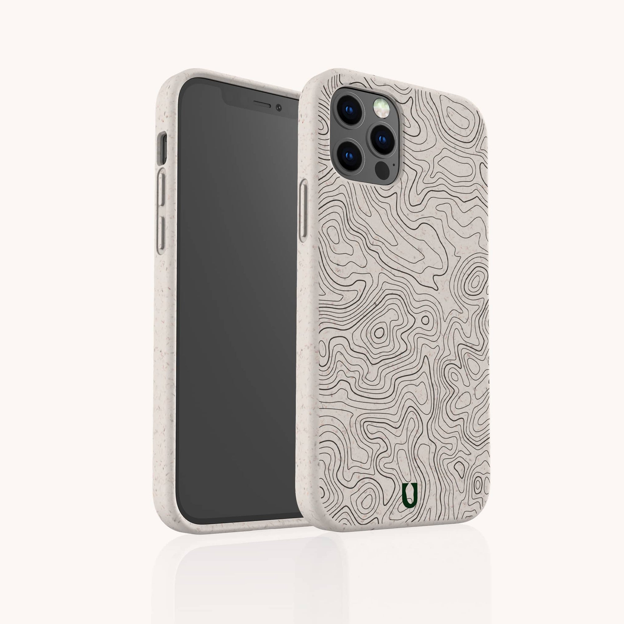 The Terrain Lines Eco-Friendly Phone Case in beige features a compostable design with a dark-lined topographic map pattern, shown on a smartphone from the back and side angles against a plain white background.