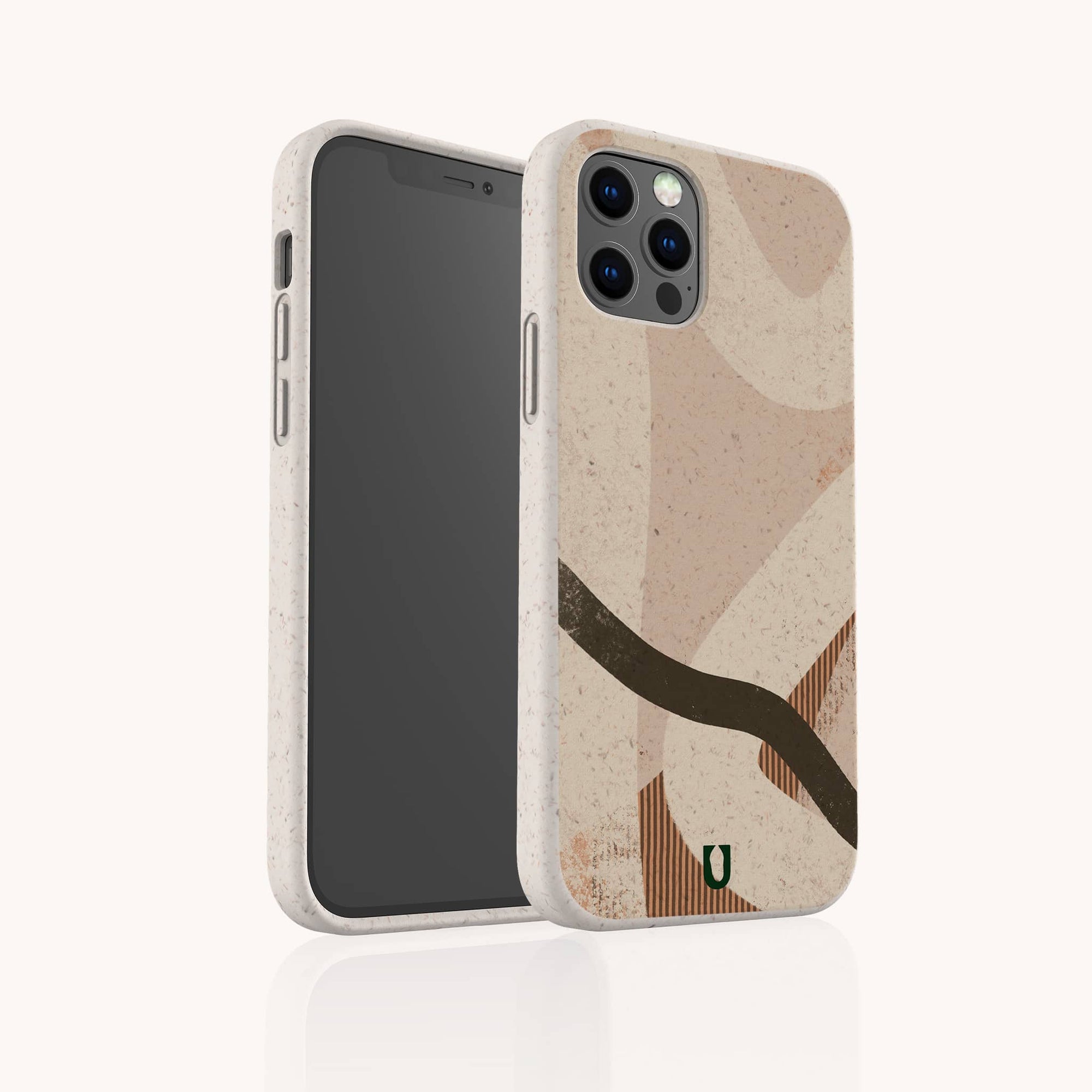 The Beige Abstract Eco-Friendly Phone Case, made from biodegradable materials with brown, tan, and black shapes, is shown on a smartphone from front and back against a white background. Compatible with iPhone and Samsung Galaxy.