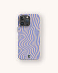 The Blue Distort Lines Eco-Friendly Phone Case, compatible with iPhone and Samsung Galaxy, features wavy vertical blue and beige stripes in an optical illusion pattern on a light beige background.