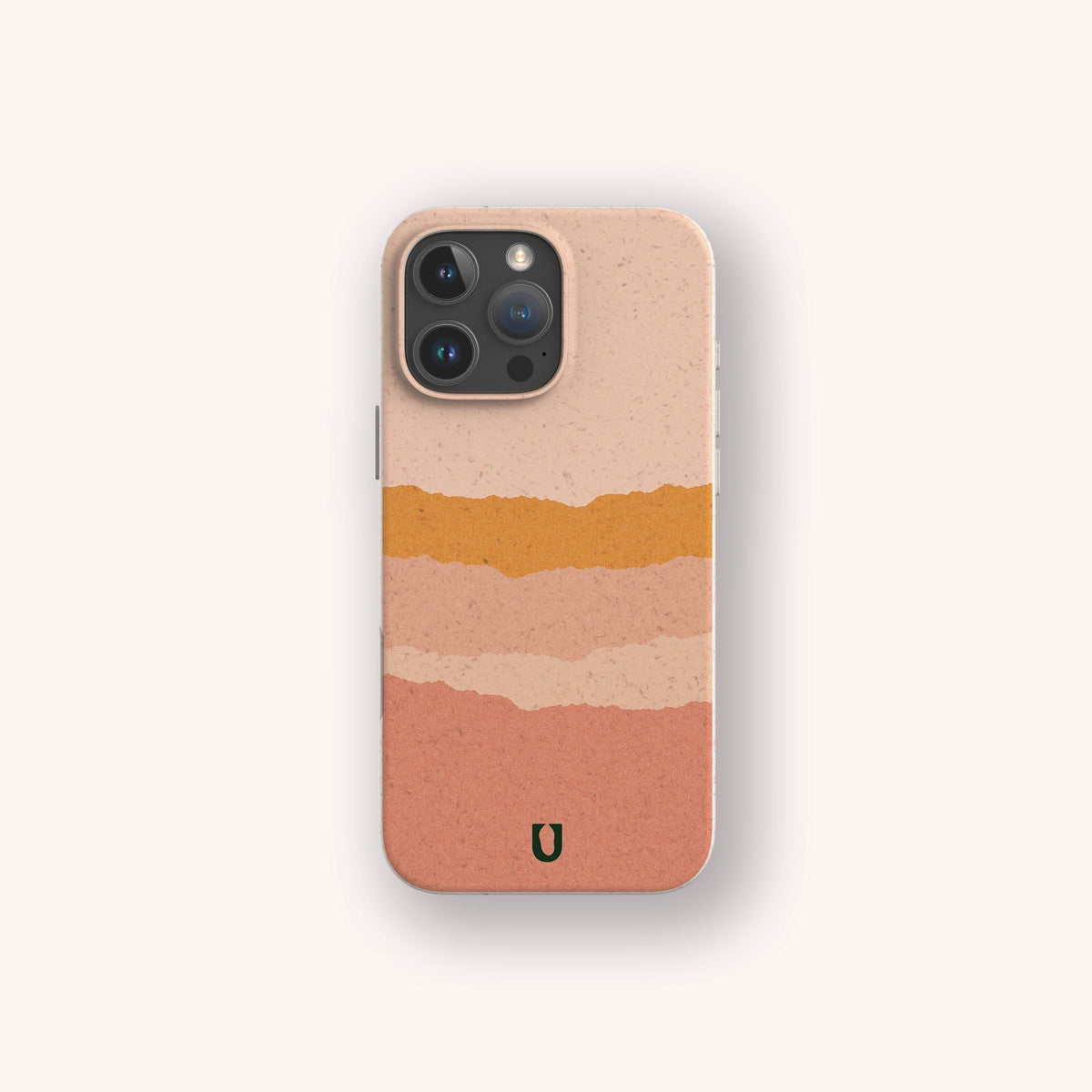 Introducing the Valleys Eco-Friendly Phone Case—a smartphone case featuring abstract, horizontal layers in warm tones of pink, peach, and mustard yellow. An off-white background and a small horseshoe-shaped logo at the bottom complete its sustainable design.