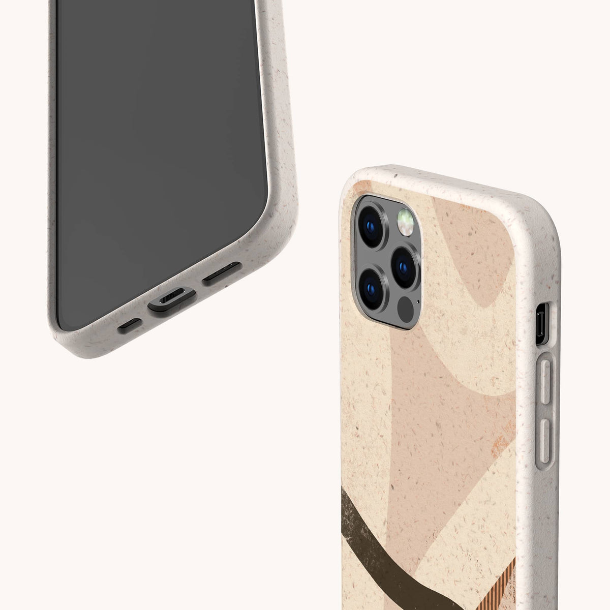 Two smartphones are pictured with the Beige Abstract Eco-Friendly Phone Case. One phone displays its screen and charging port, while the other showcases the case’s back, featuring curved brown, beige, and tan shapes. The light background highlights the case’s minimalist design and eco-friendly appeal.