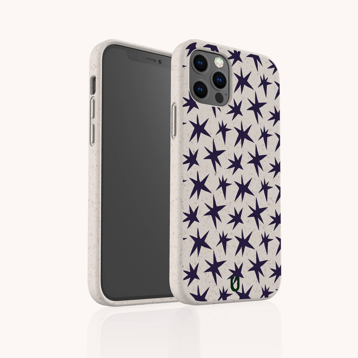 Wonky Stars Biodegradable Phone Case in beige, shown on a smartphone from both the front and back, features a scattered navy blue star pattern. The design highlights its sustainability and precise camera cutouts.