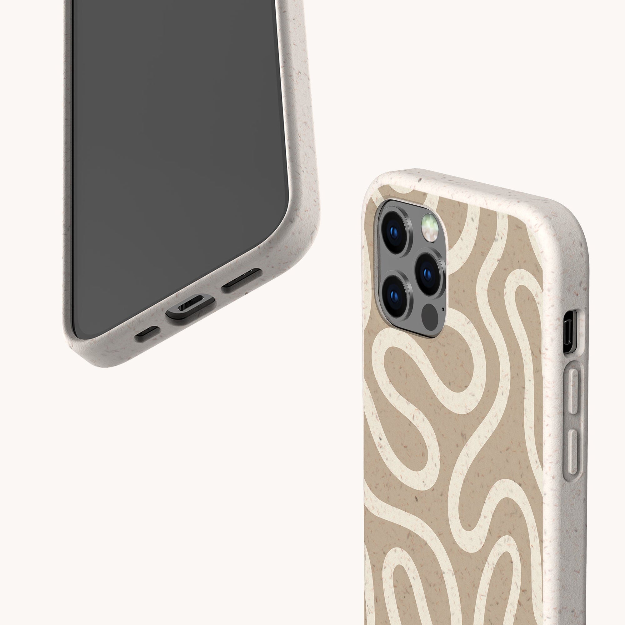Two smartphones feature the Neutral Swirl Lines Eco-Friendly Phone Case in beige with speckled design. One shows the screen; the other displays a wavy, abstract white pattern and precise cutouts for ports and camera lenses.