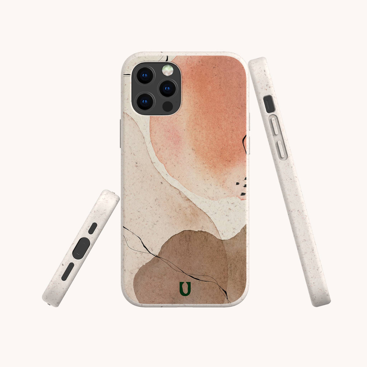 Three views of a smartphone with the Pink and Brown Watercolour Eco-Friendly Phone Case, featuring an abstract design in beige, peach, and brown tones and a small green U logo at the bottom. This stylish and sustainable case offers easy access to phone buttons and camera lenses.